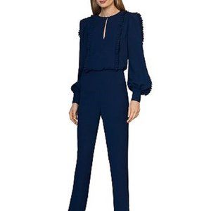 ML Monique Lhuillier Ruffle-Trimmed Jumpsuit Navy